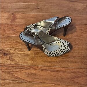 libby. edelman Black and White Heels with Intricate Straps and Kitten Heel